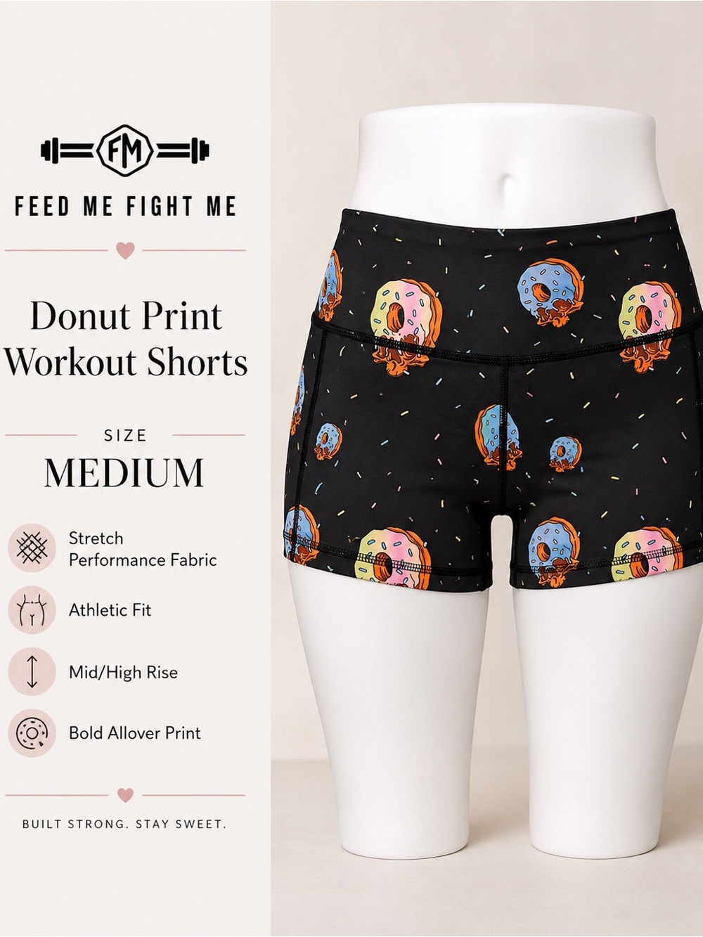 Feed Me Fight Me medium Donut Print Black Workout Shorts - Medium fmfm